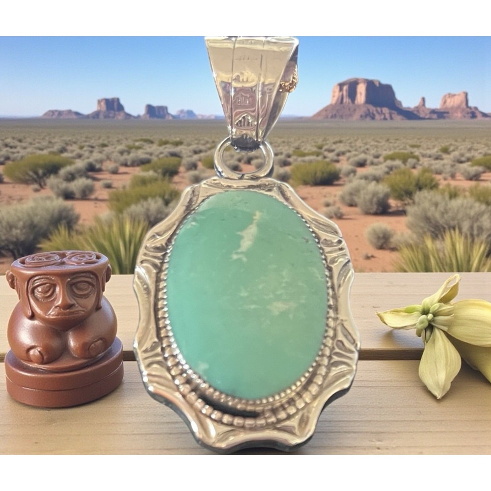 Navajo Native American Leroy‎ Silver Sterling Silver Kingman Turquoise Pendant